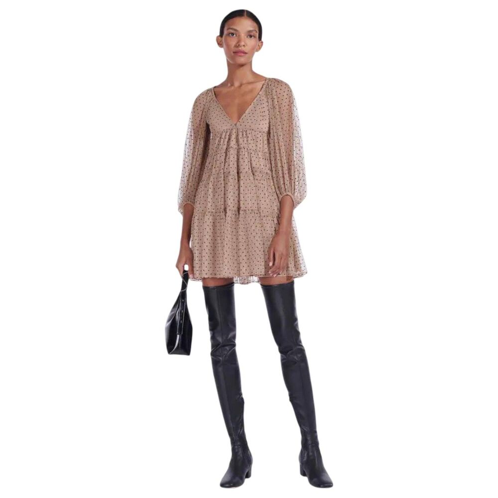 STAUD Mini Meadow Dress in a beige polka dot print size M